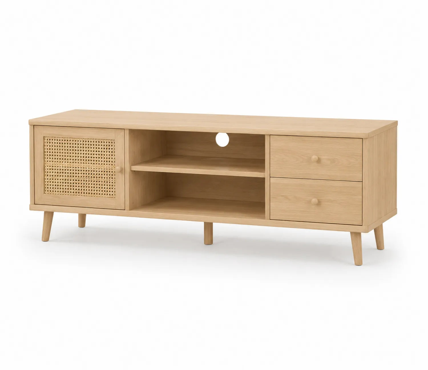 Meuble TV en Chêne avec Porte en Rotin et Tiroirs