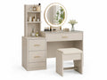 Coiffeuse en bois avec miroir rond LED et tabouret