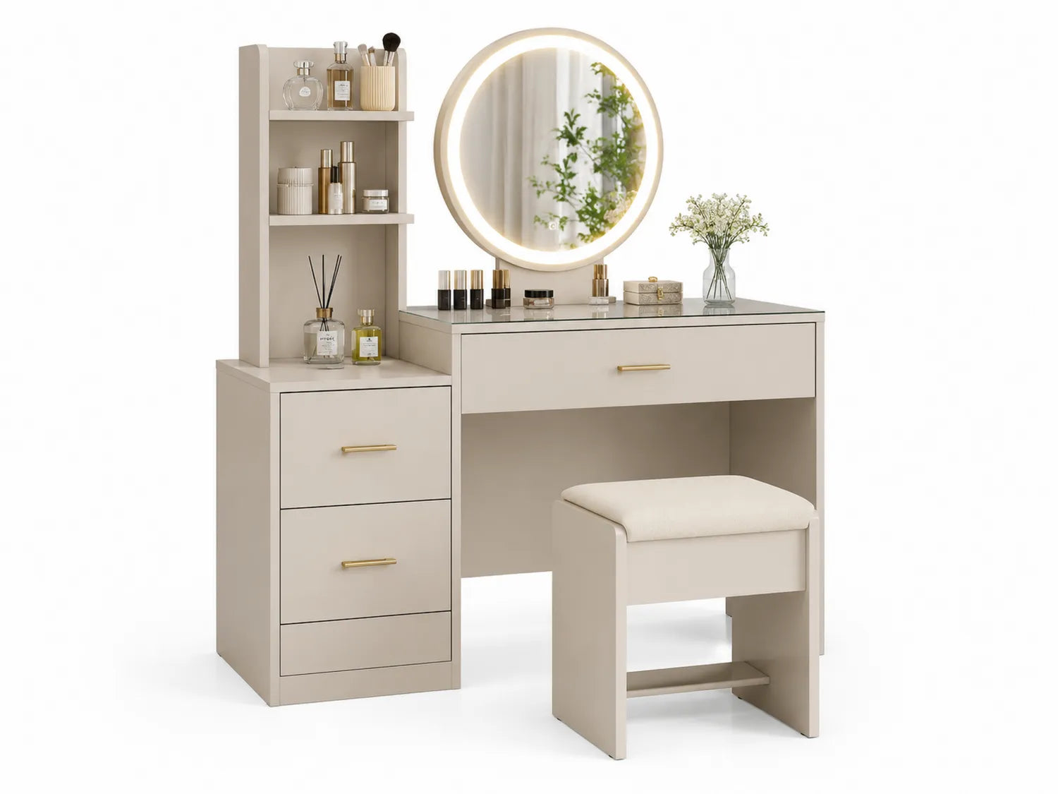 Coiffeuse en bois avec miroir rond LED et tabouret