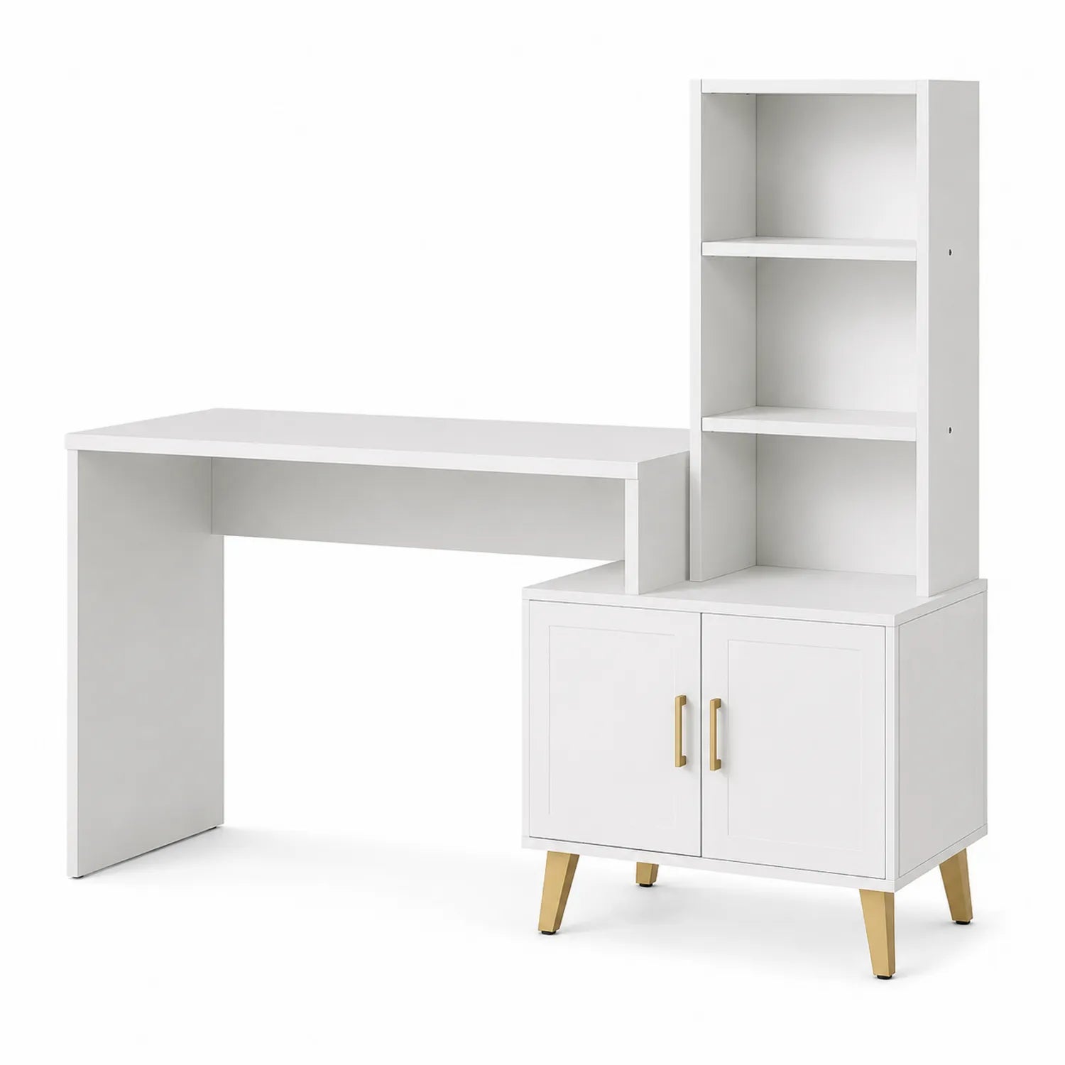 Bureau en bois avec étagères et armoire de rangement blanc