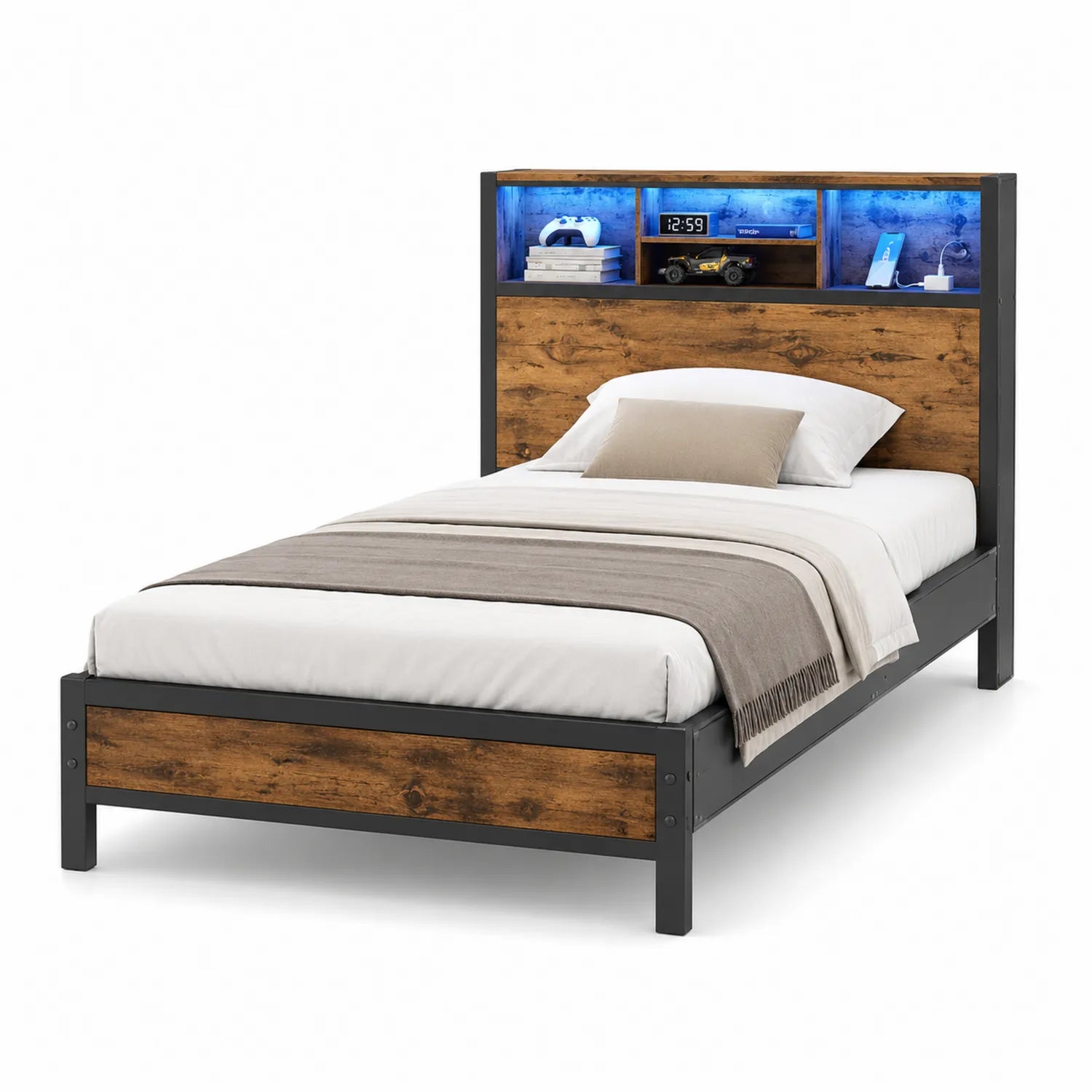 Lit simple en métal et bois avec éclairage LED
