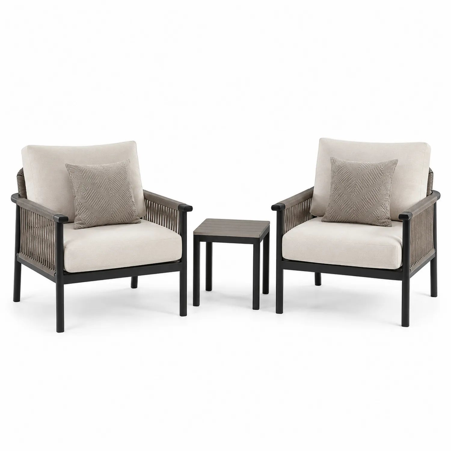 Ensemble de 2 chaises d'extérieur en aluminium avec coussins beiges et table carrée
