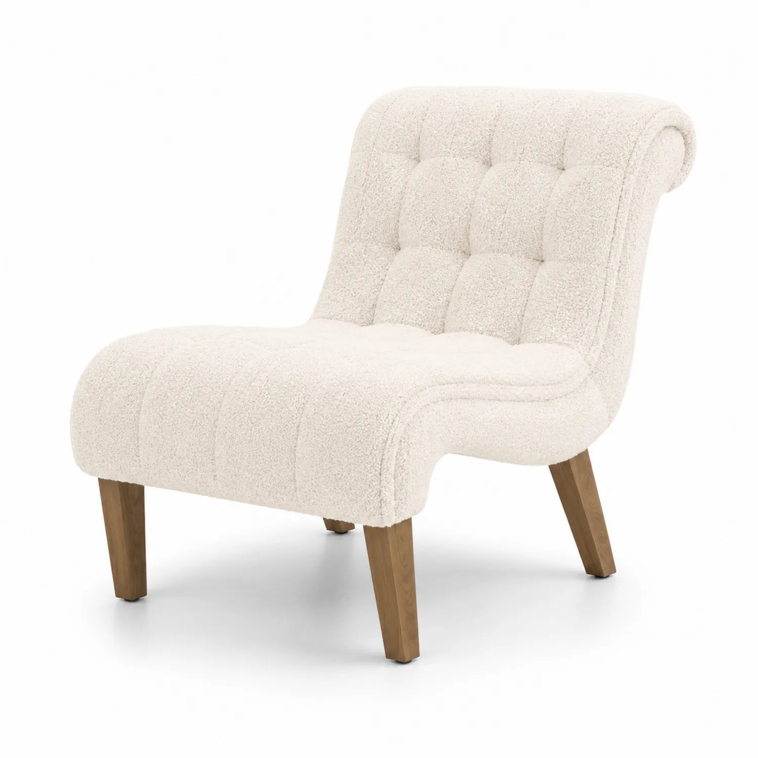 Chaise Lounge en Bois et Bouclé Crème