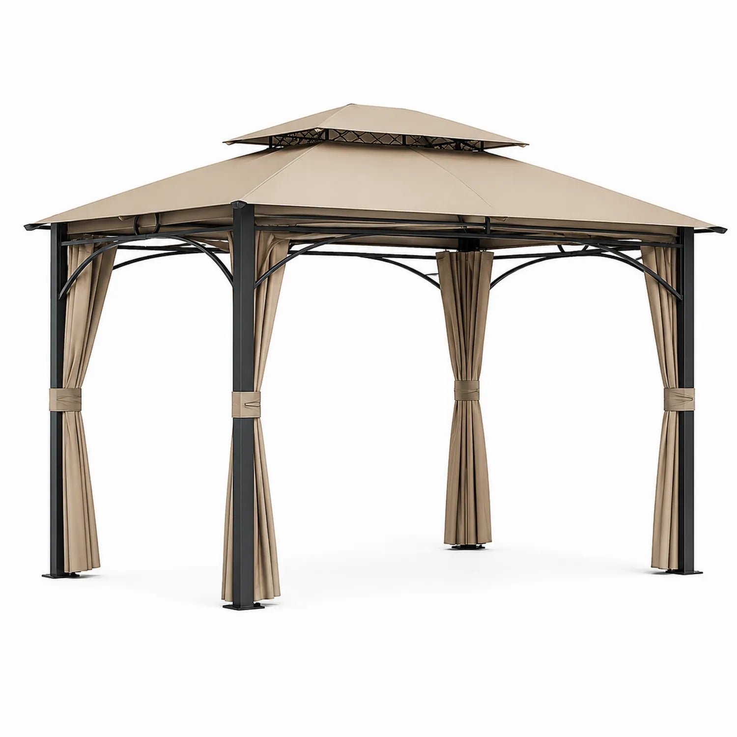 Tonnelle de jardin en aluminium avec toit double et rideaux Beige 300x300 cm