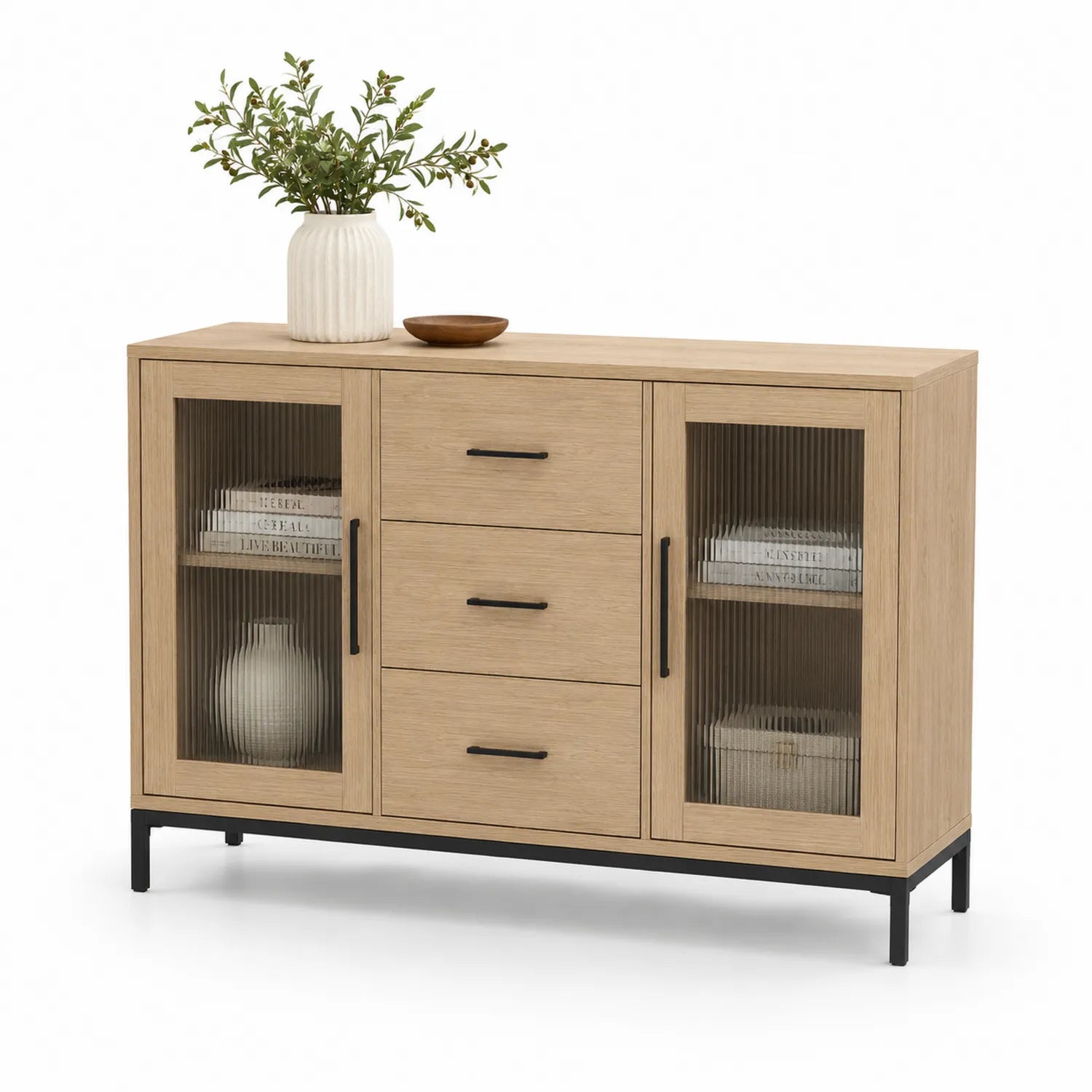 Buffet en bois avec portes vitrées cannelées et tiroirs