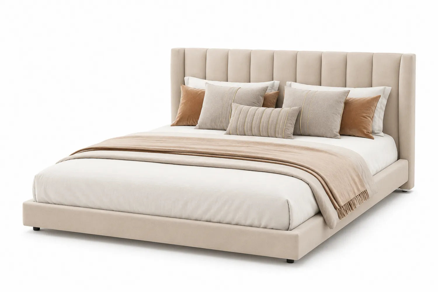 Lit double en bois et tissu avec coussins Beige