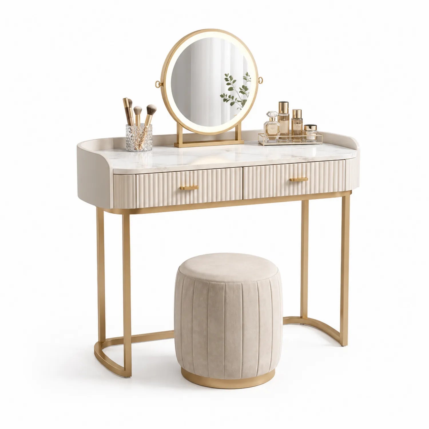 Coiffeuse en marbre et métal doré avec miroir rond et tabouret en velours