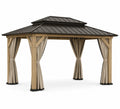 Pavillon de jardin en bois avec toit en métal et rideaux en polyester 300 x 400 cm