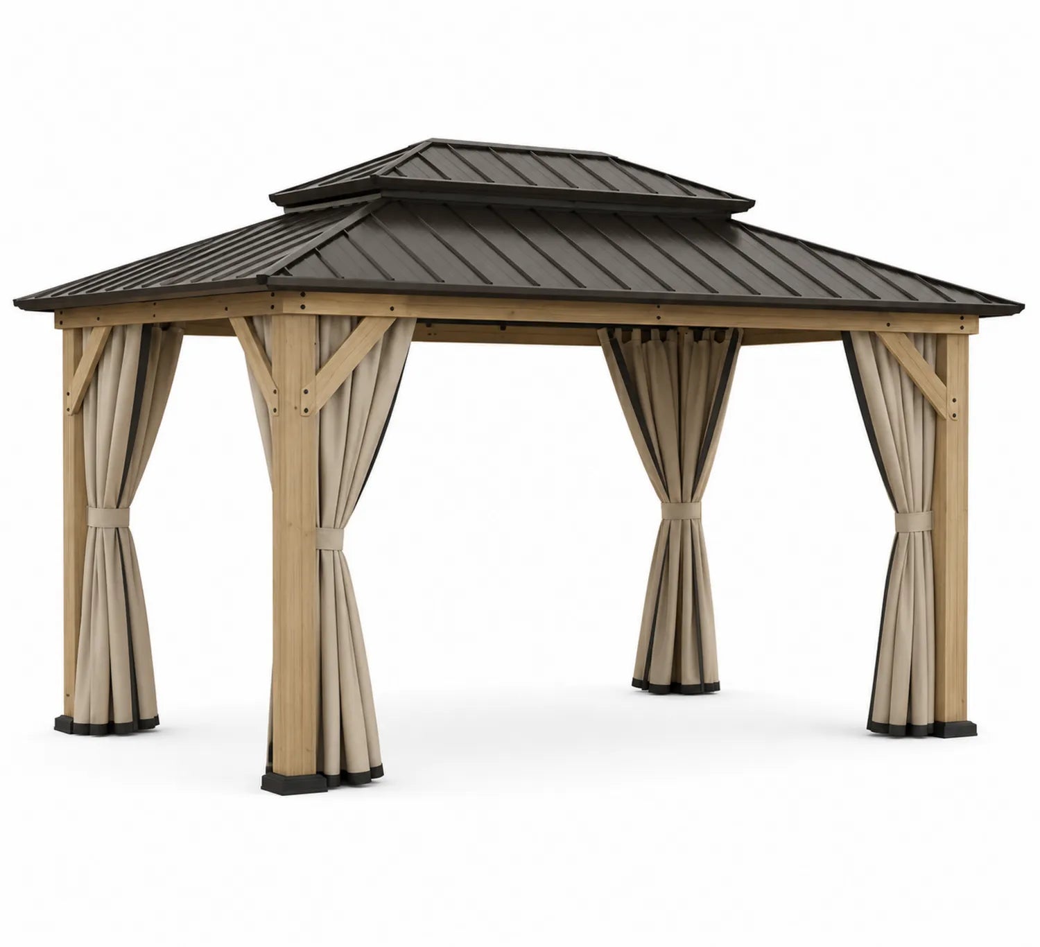 Pavillon de jardin en bois avec toit en métal et rideaux en polyester 300 x 400 cm