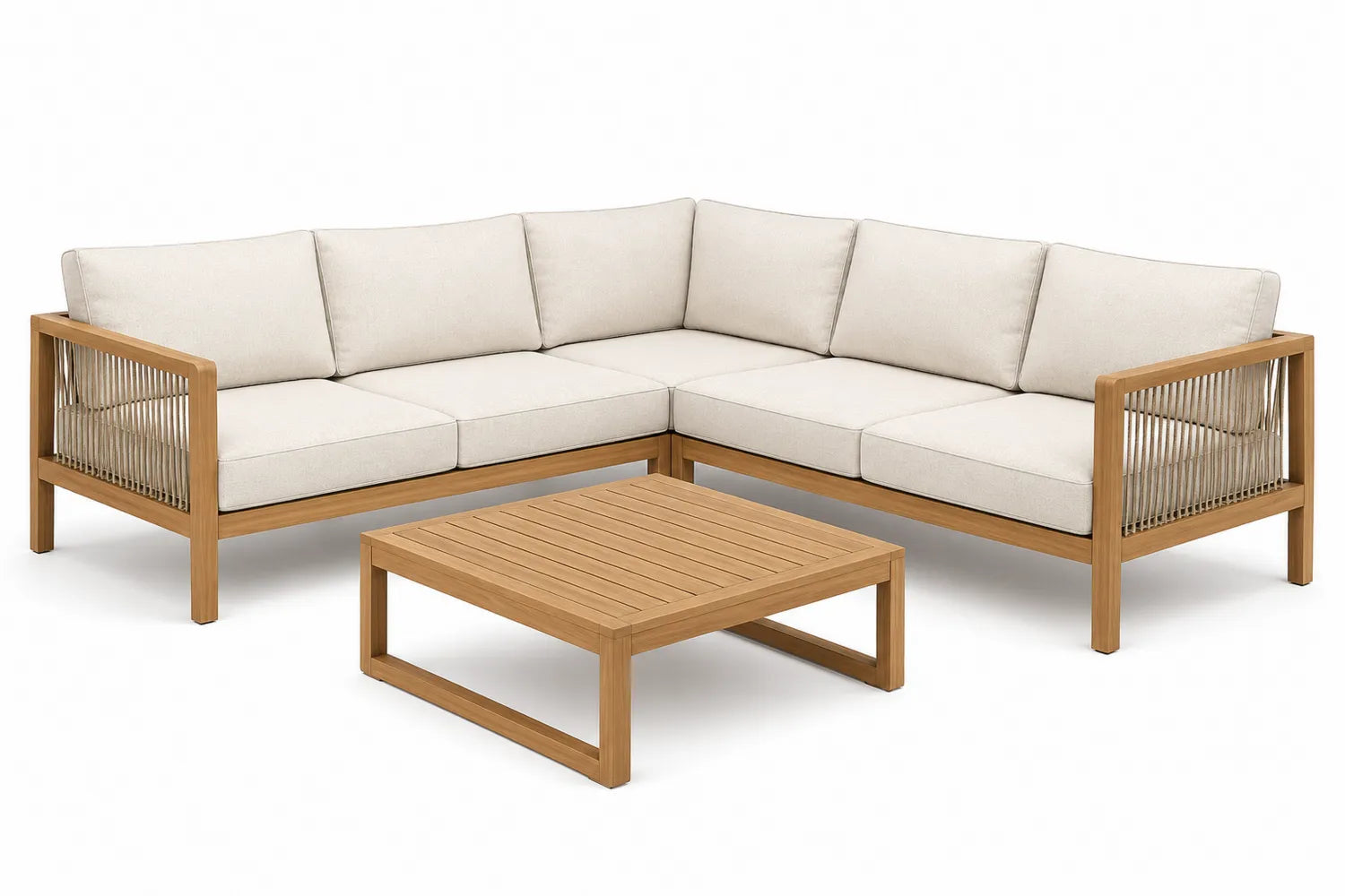 Canapé d'angle en bois et table basse avec coussins en polyester beige