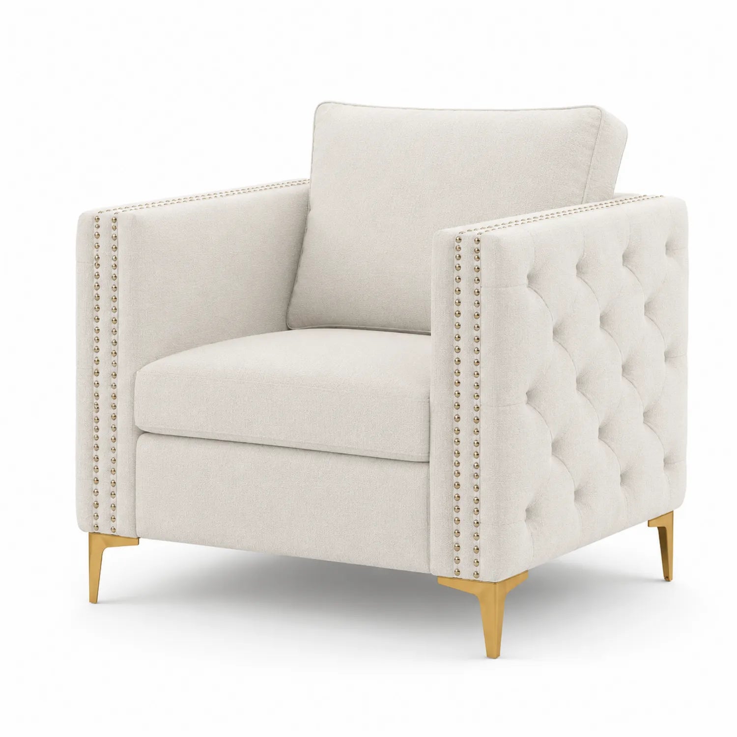 Fauteuil en tissu lin avec pieds en métal doré