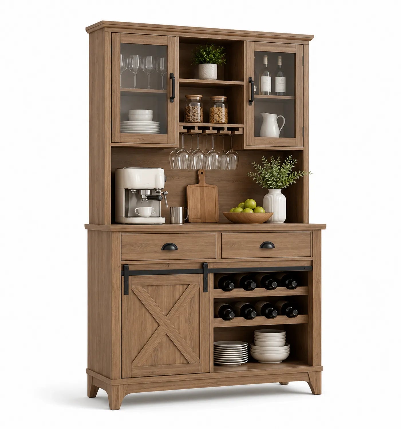 Buffet en bois avec portes vitrées et rangement pour bouteilles