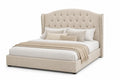 Lit double en tissu beige avec tête de lit capitonnée