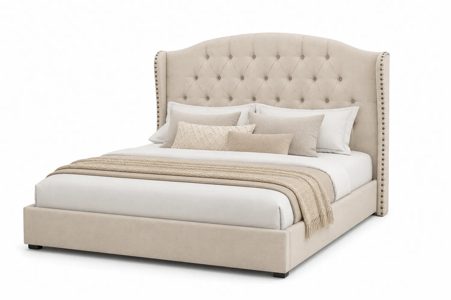 Lit double en tissu beige avec tête de lit capitonnée