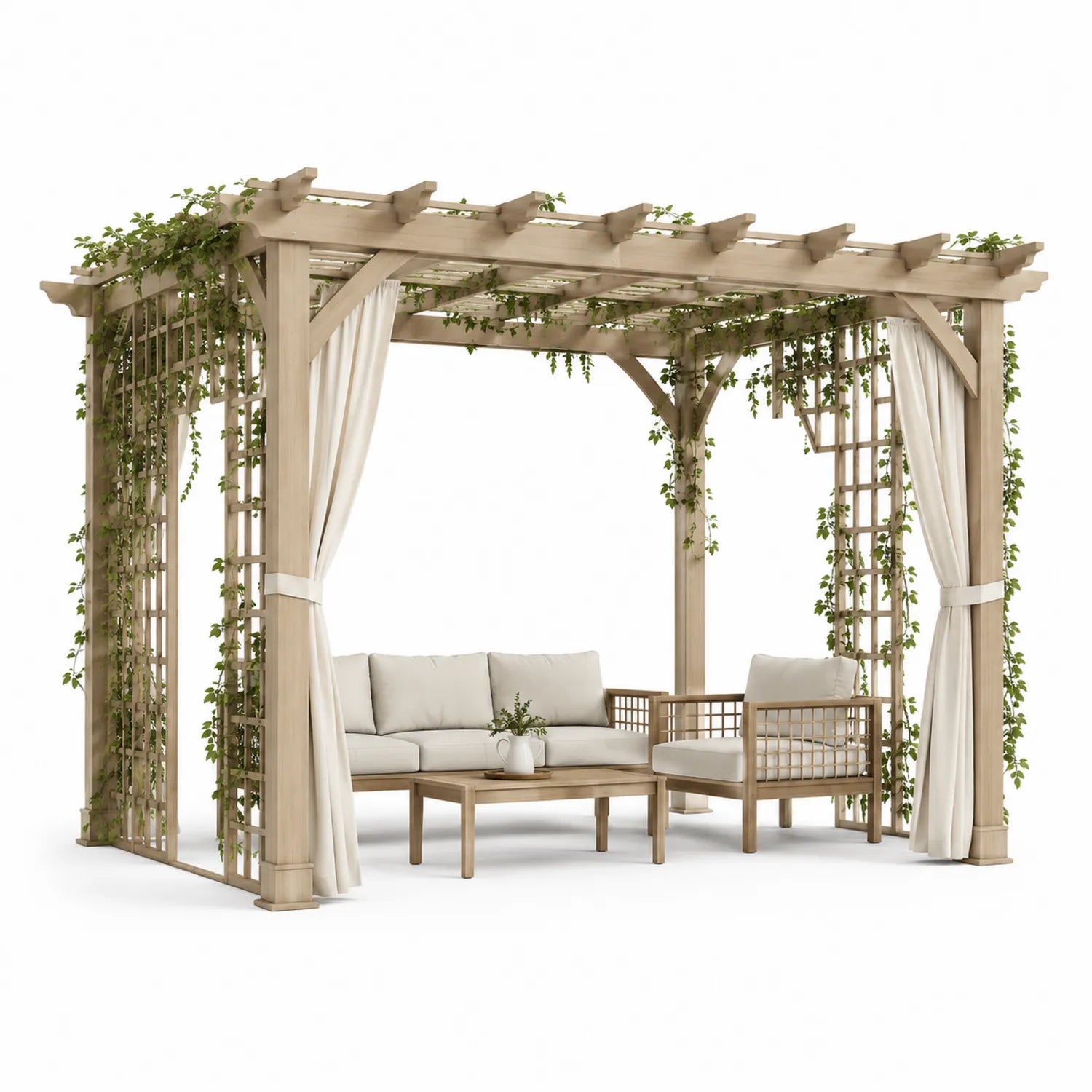 Pergola en bois avec rideaux et treillis 300x300 cm Beige