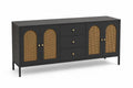 Buffet en bois noir et rotin avec 3 tiroirs et 4 portes