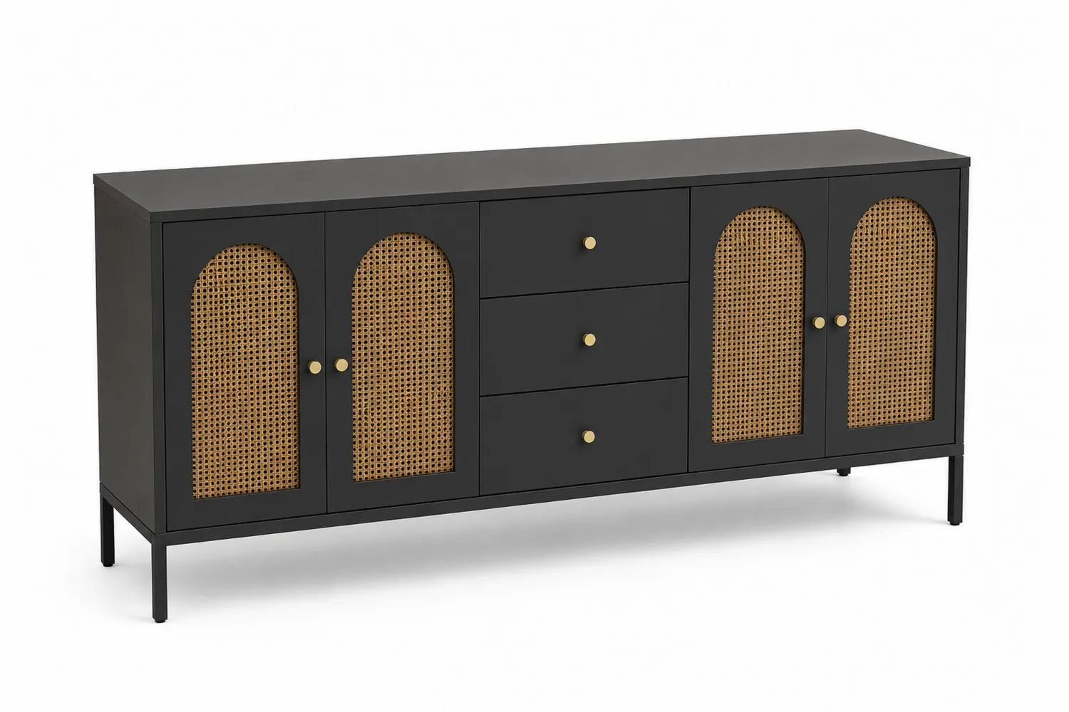 Buffet en bois noir et rotin avec 3 tiroirs et 4 portes