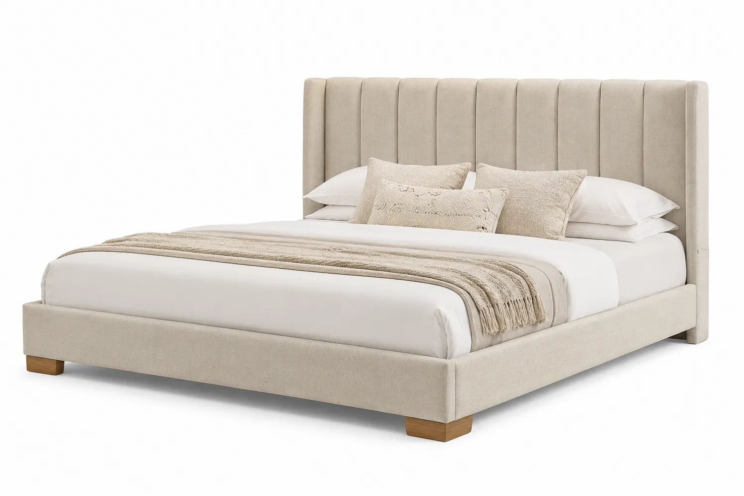 Lit double en bois et tissu beige 200x180 cm