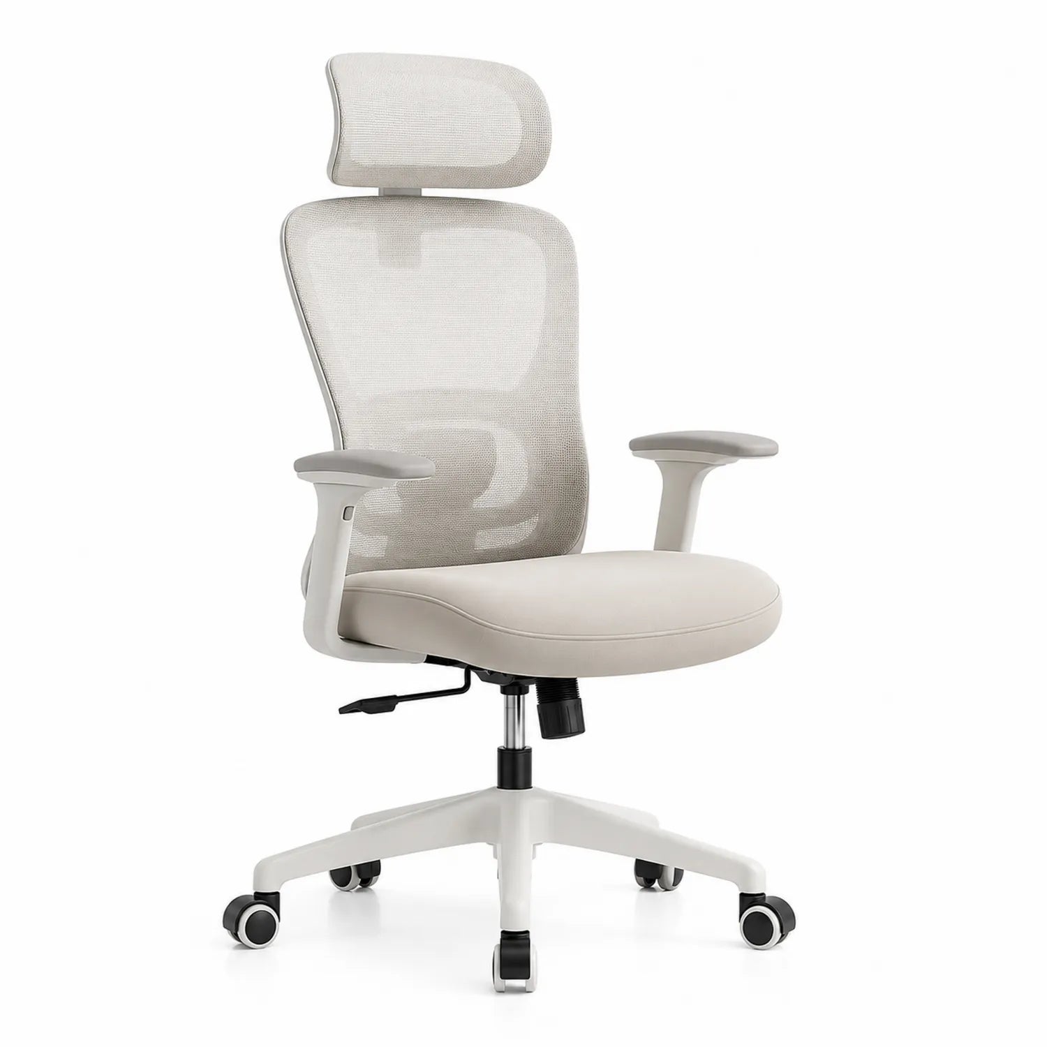 Chaise de bureau en maille ajustable beige avec accoudoirs et appuie-tête