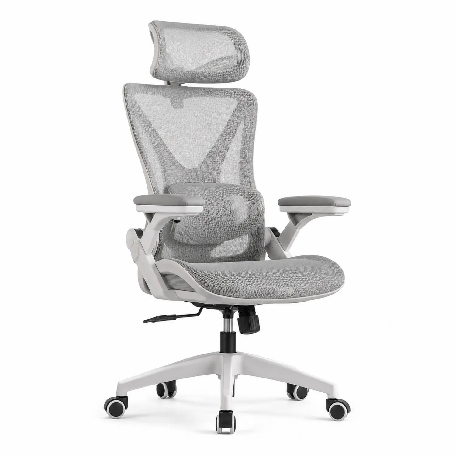 Chaise de bureau en maille avec accoudoirs réglables et appui-tête gris