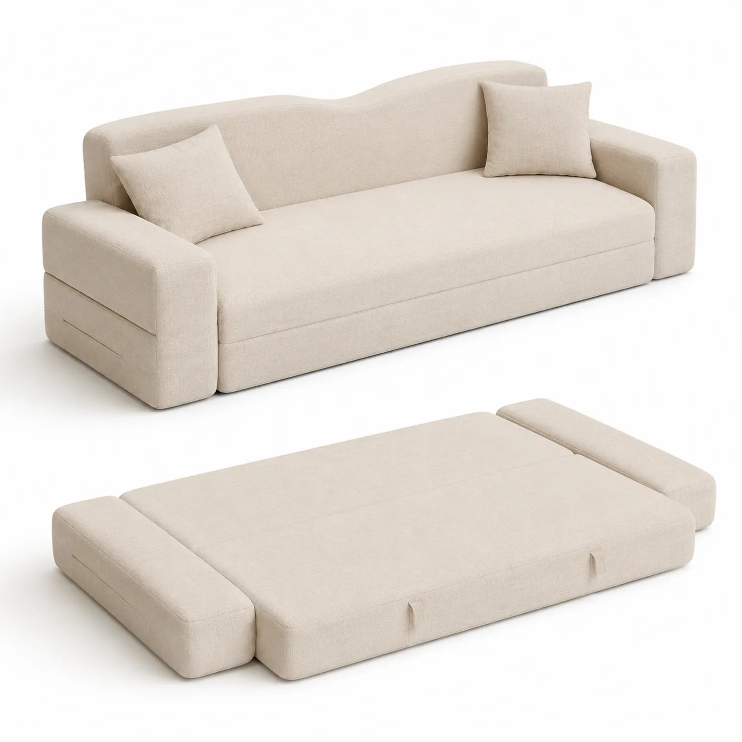 Canapé-lit en tissu beige avec coussins, 200x90x85 cm
