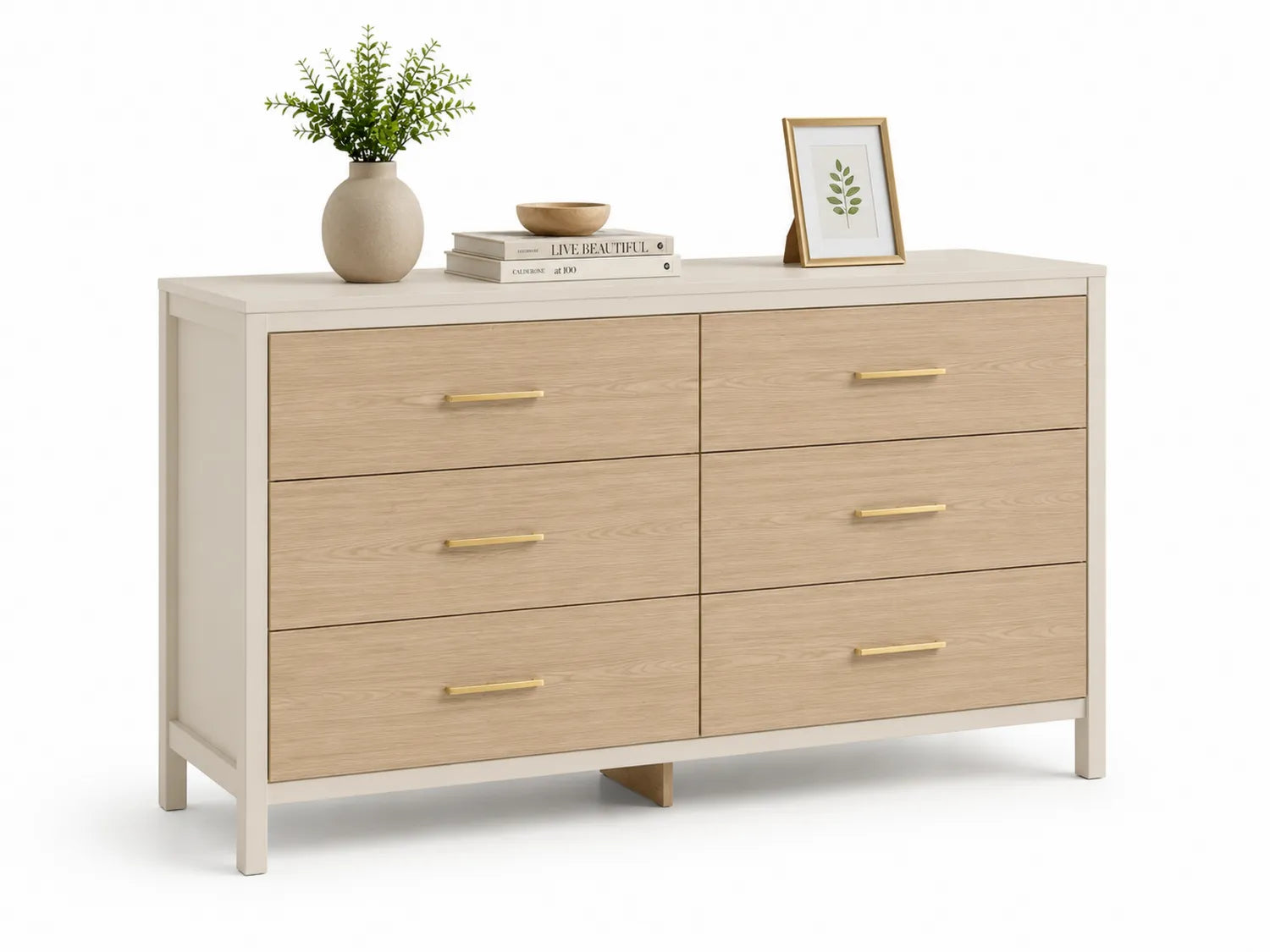 Commode en bois avec 6 tiroirs et poignées en métal doré