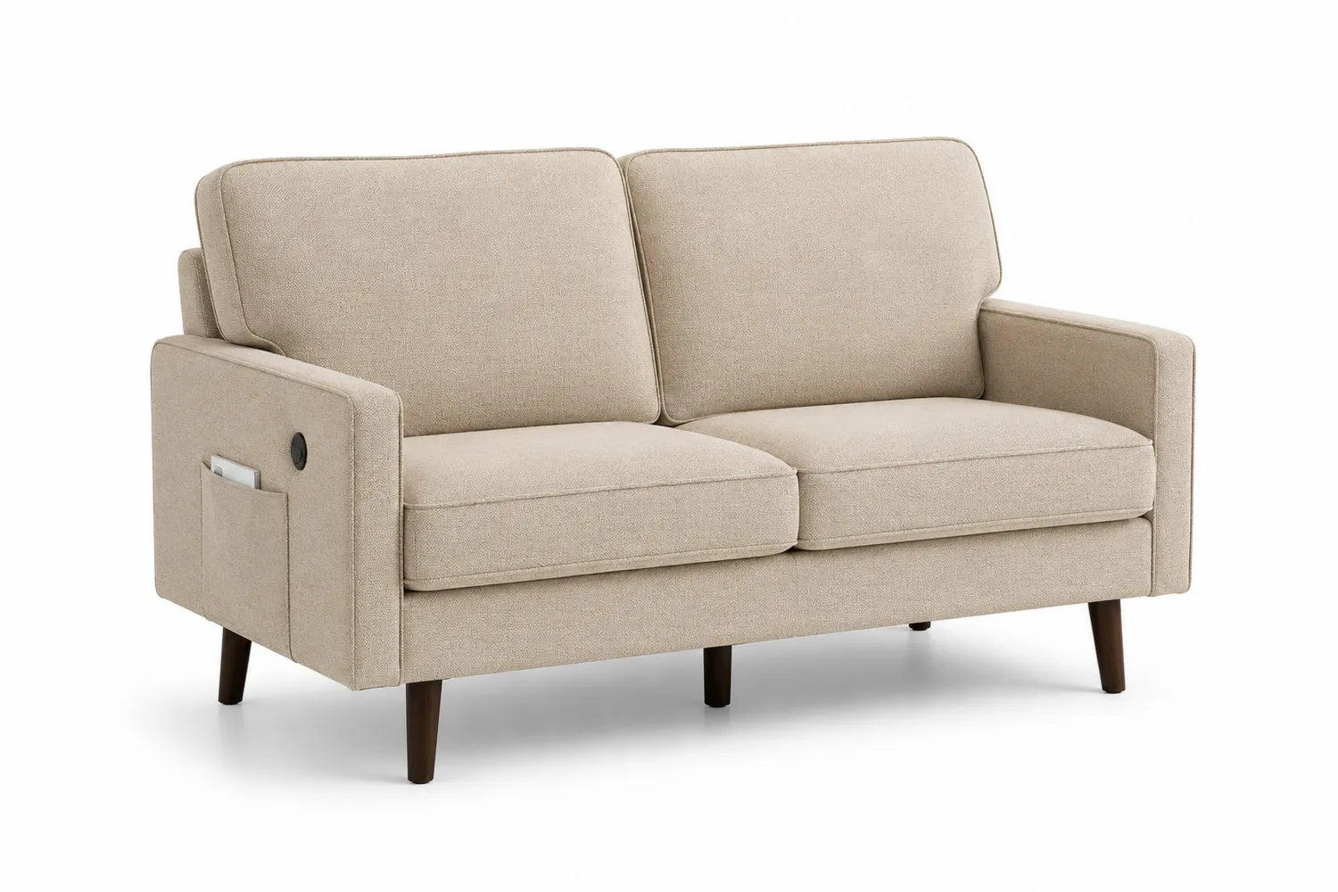 Canapé deux places en tissu polyester beige avec USB et poche latérale