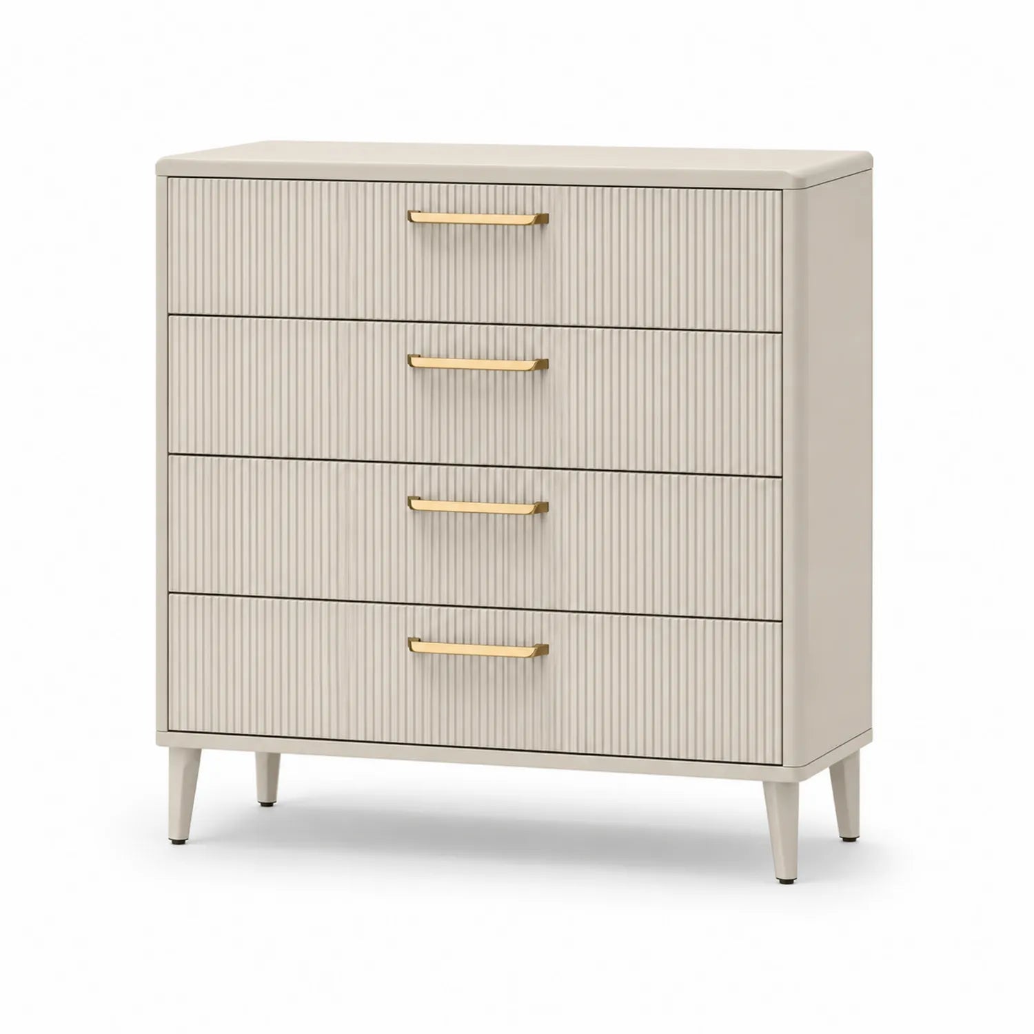 Commode 4 tiroirs en bois Beige avec poignées métalliques dorées