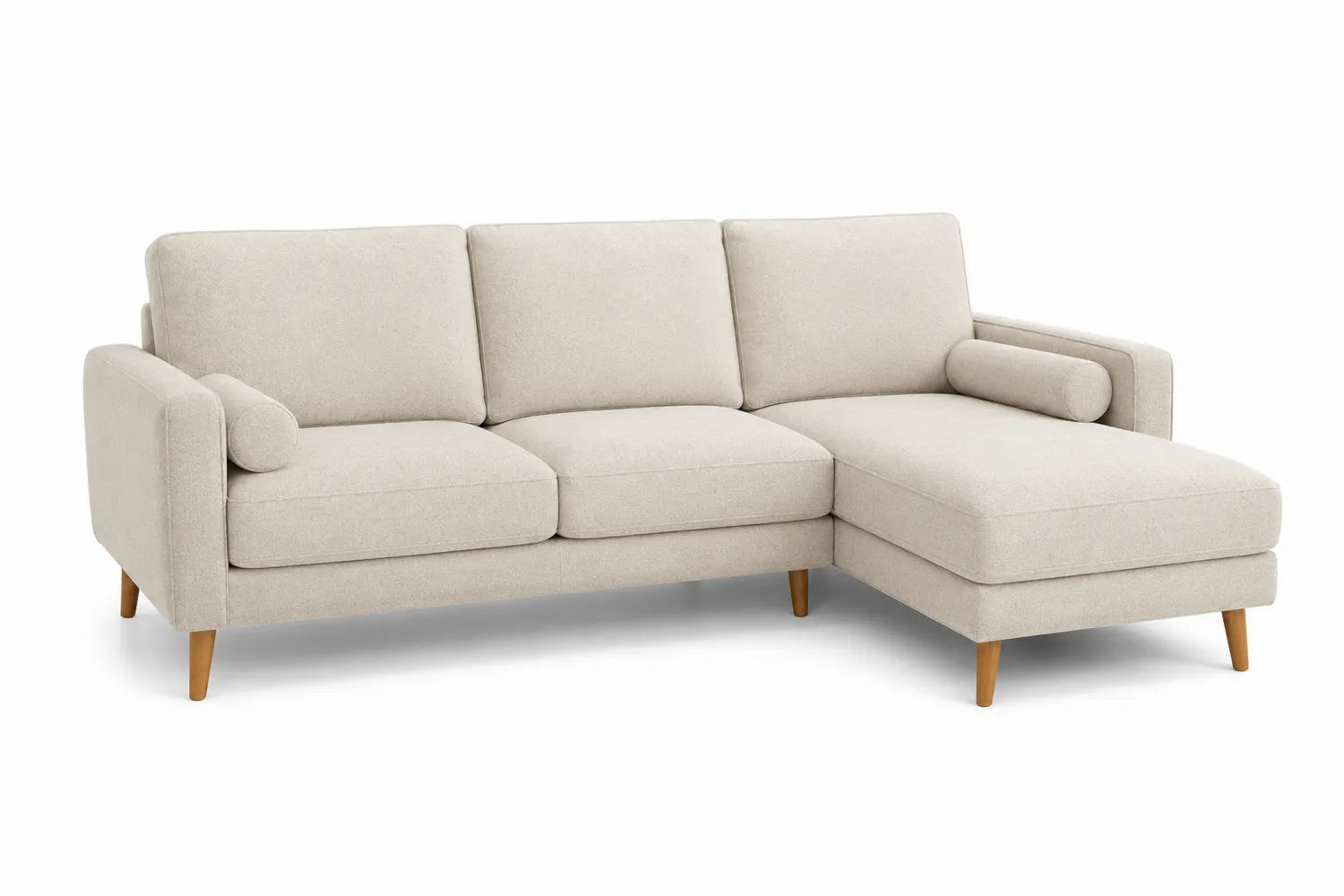 Canapé d'angle en tissu polyester beige avec méridienne droite