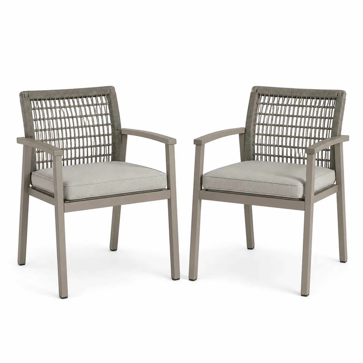 Chaises d'extérieur en aluminium et corde avec coussins gris - Lot de 2