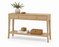 Console en bois avec deux tiroirs et étagère