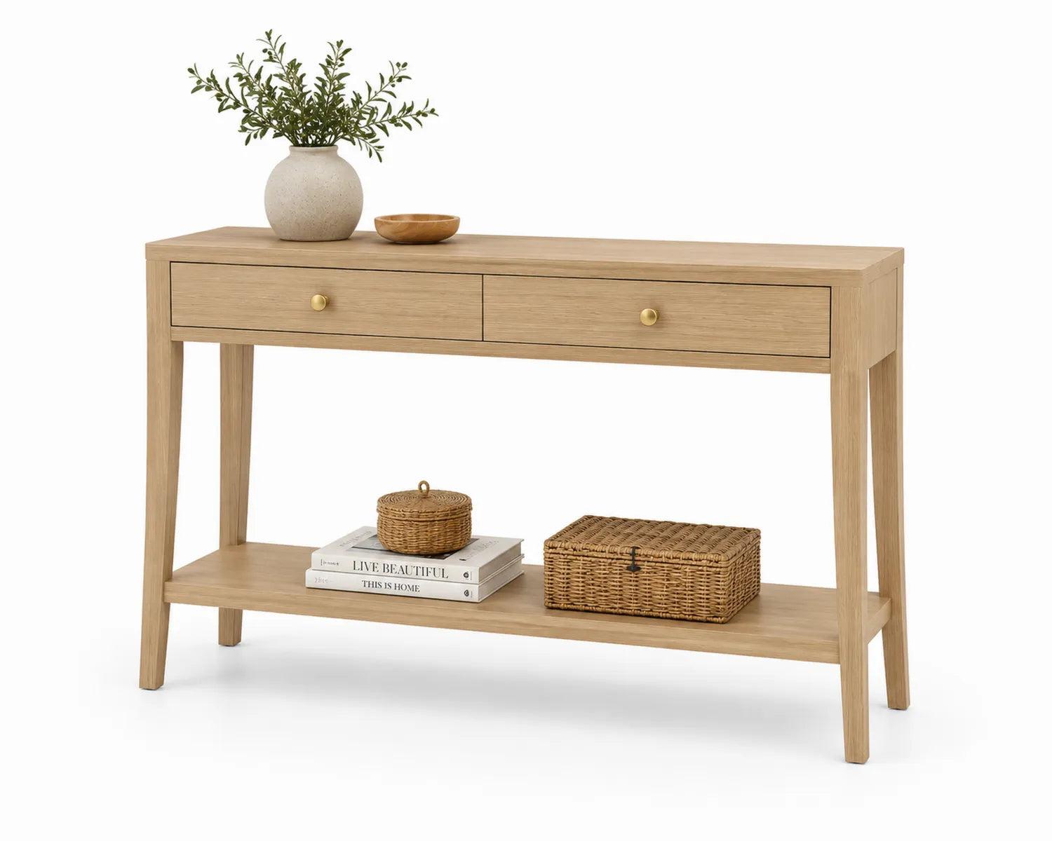Console en bois avec deux tiroirs et étagère