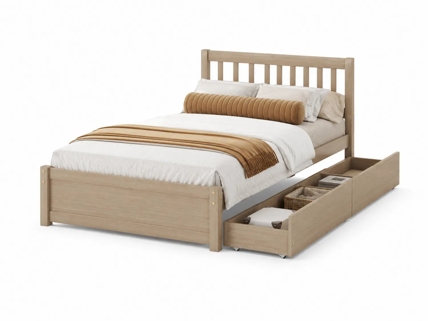 Lit en bois avec tiroirs de rangement et literie