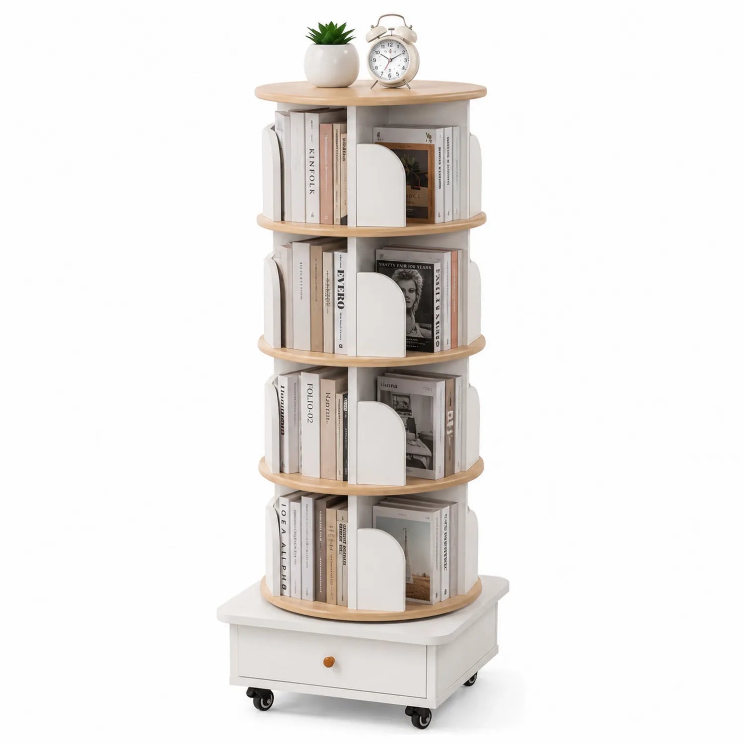 Bibliothèque tournante en bois et MDF avec étagères et tiroir, Blanc/Beige