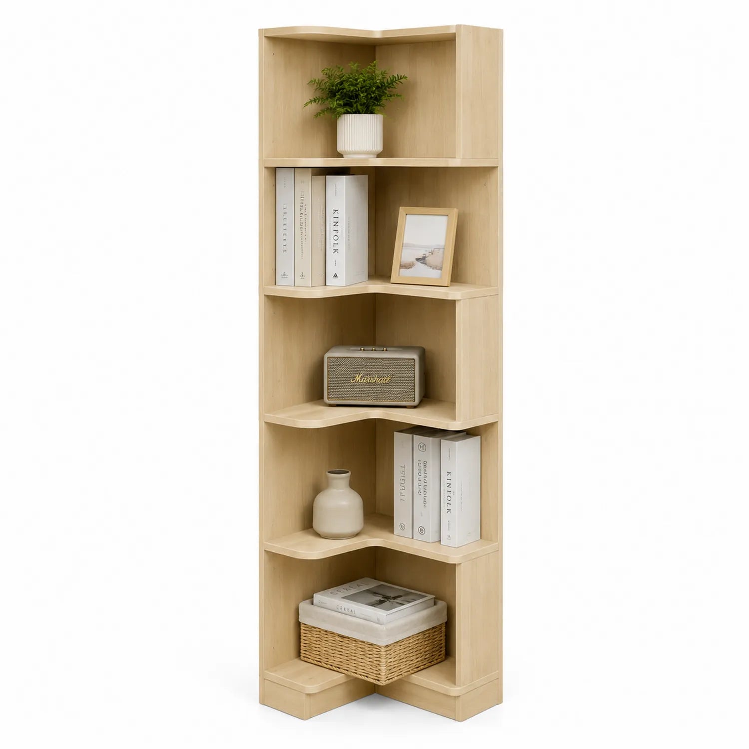 Étagère d'angle en bois clair 5 niveaux