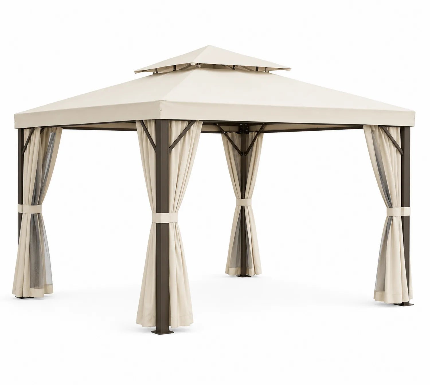 Tonnelle de jardin en acier avec toit et rideaux en polyester Beige 3x3m