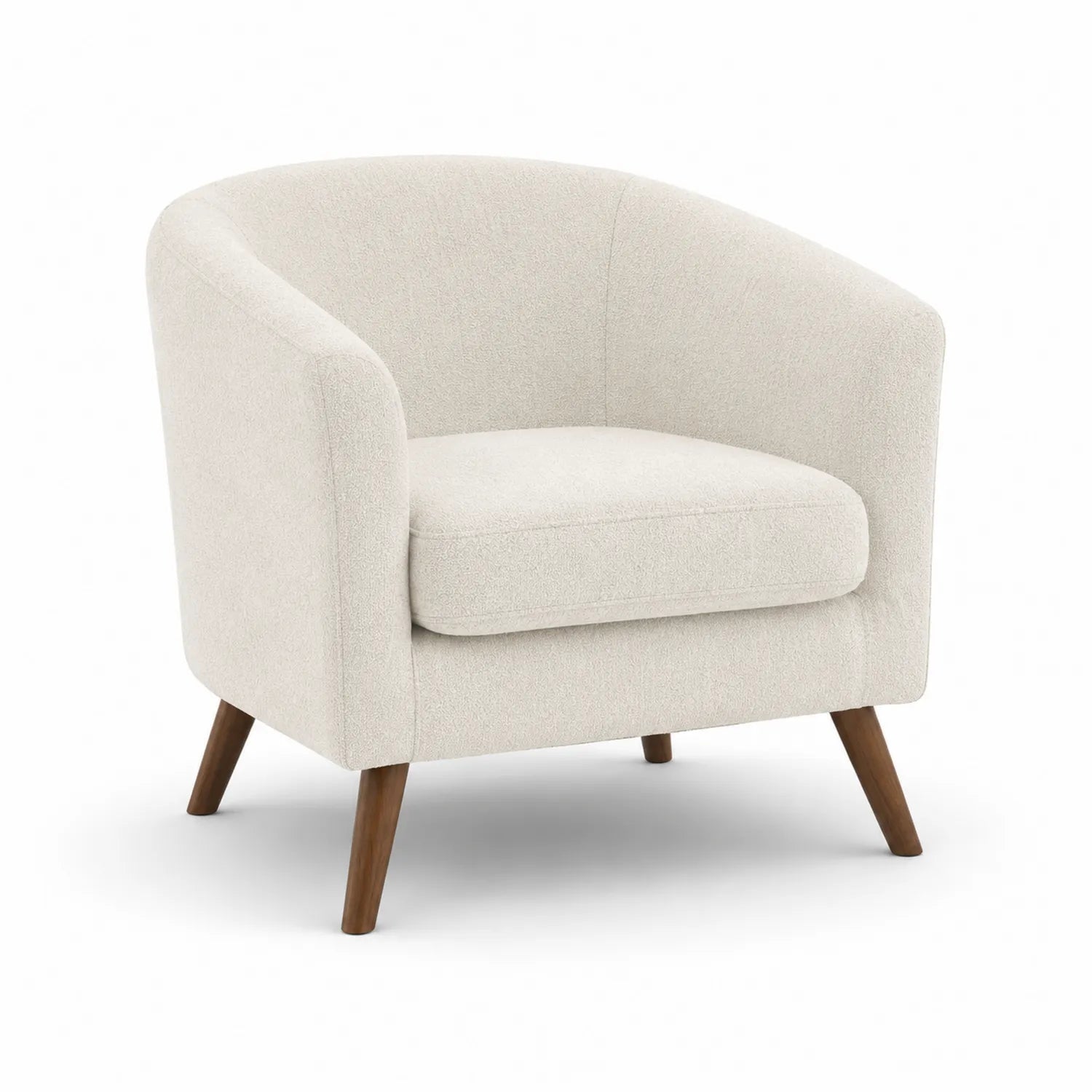 Fauteuil arrondi en tissu bouclé crème avec pieds en bois