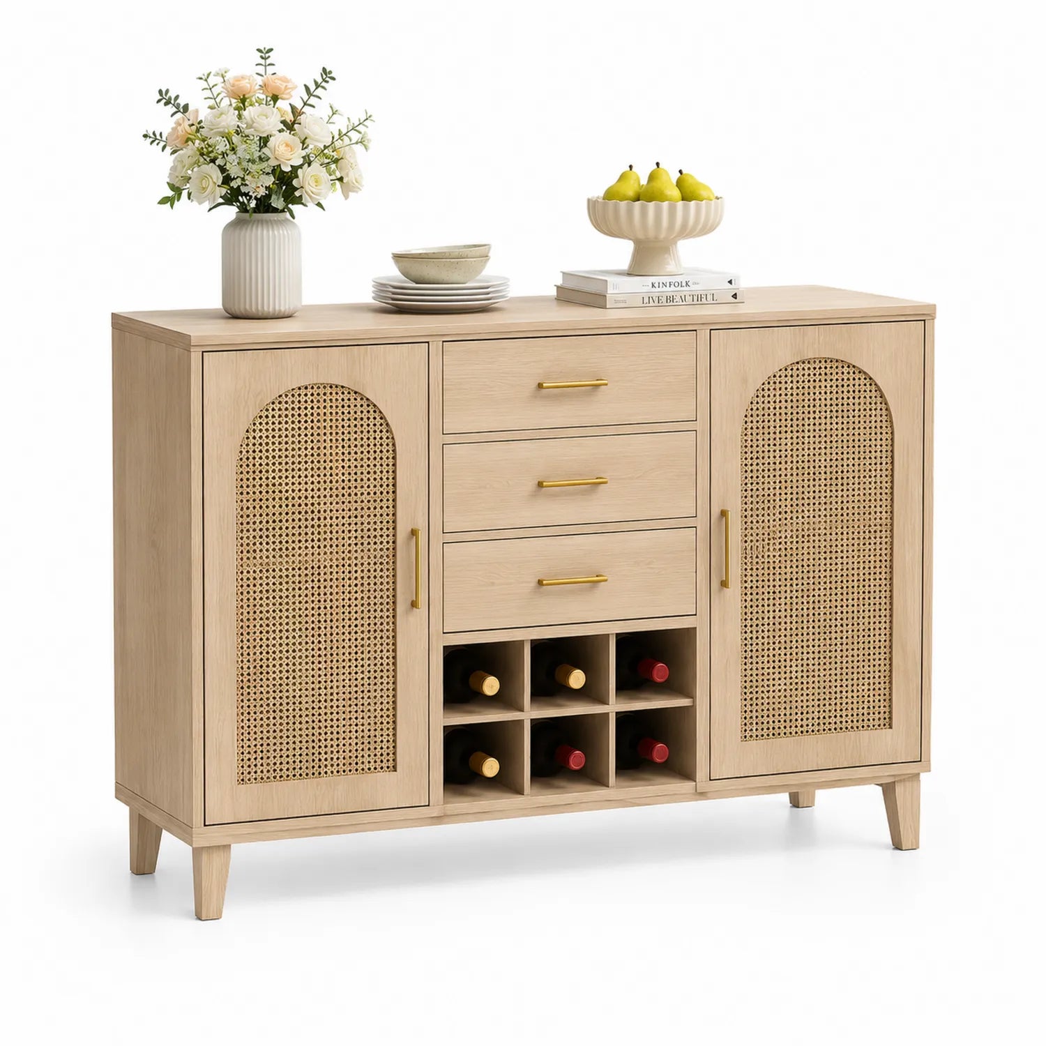 Buffet en bois avec portes en rotin et casier à vin