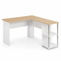 Bureau d'angle en bois et métal avec étagères blanches et plateau chêne clair 140x120x75 cm