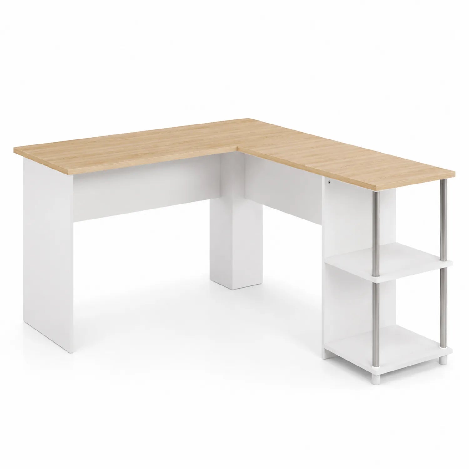 Bureau d'angle en bois et métal avec étagères blanches et plateau chêne clair 140x120x75 cm