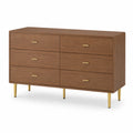 Commode en bois avec 6 tiroirs en placage de noyer et pieds en métal doré