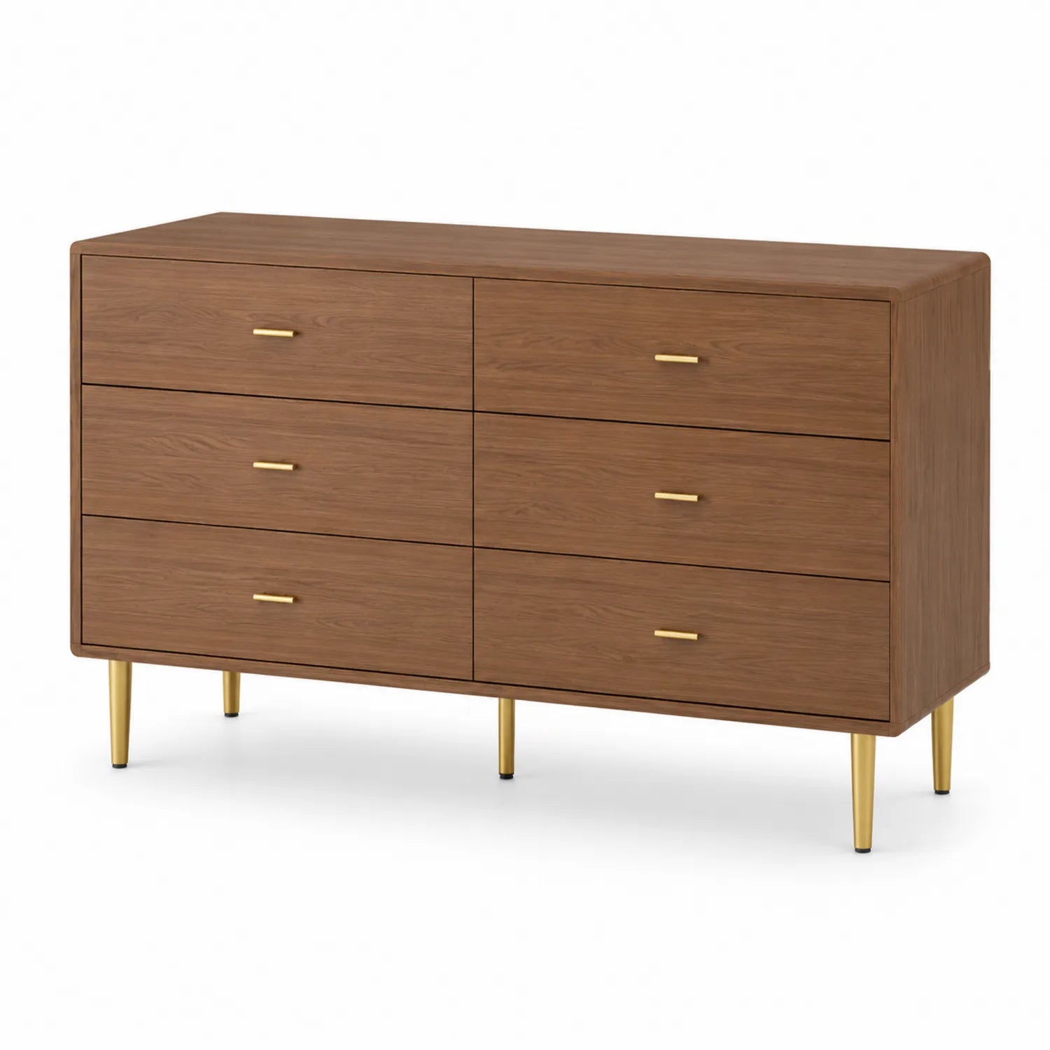 Commode en bois avec 6 tiroirs en placage de noyer et pieds en métal doré