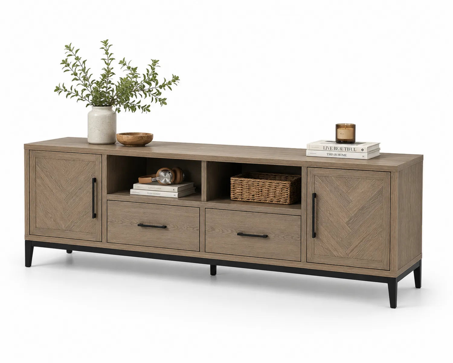 Meuble TV en bois avec portes et tiroirs en marron