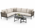 Canapé d'angle extérieur en aluminium et tissu beige avec tables basses rondes
