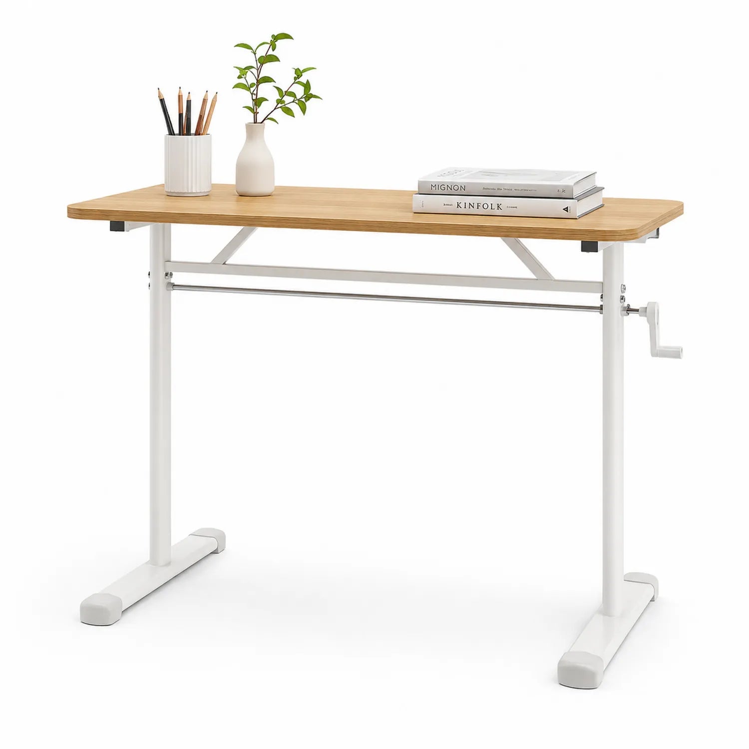 Bureau réglable en hauteur en bois de chêne et métal