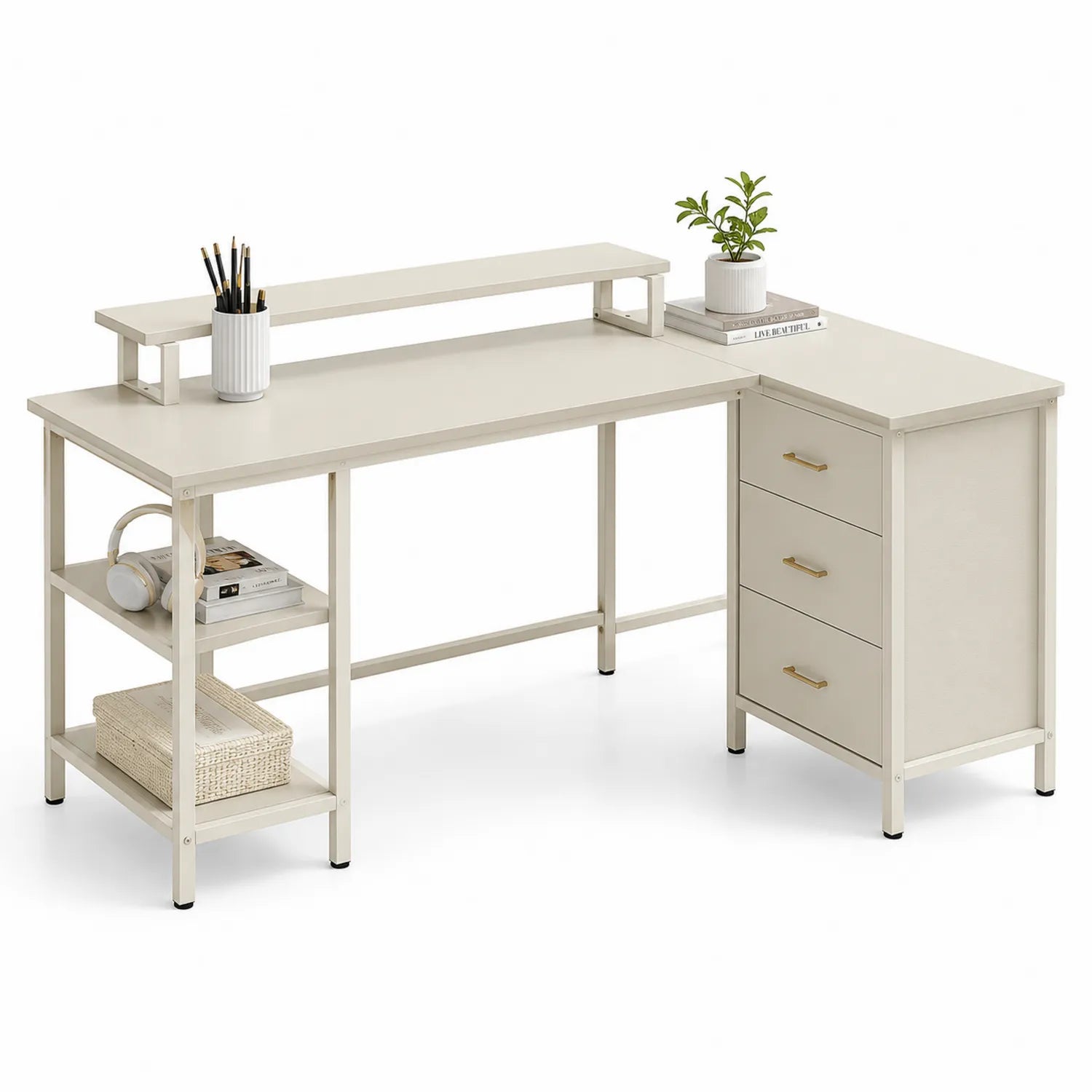 Bureau d'angle en métal avec étagères et 3 tiroirs Beige 150x120x75 cm