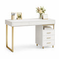 Bureau en Bois MDF et Métal Blanc avec Tiroirs Cadre Doré