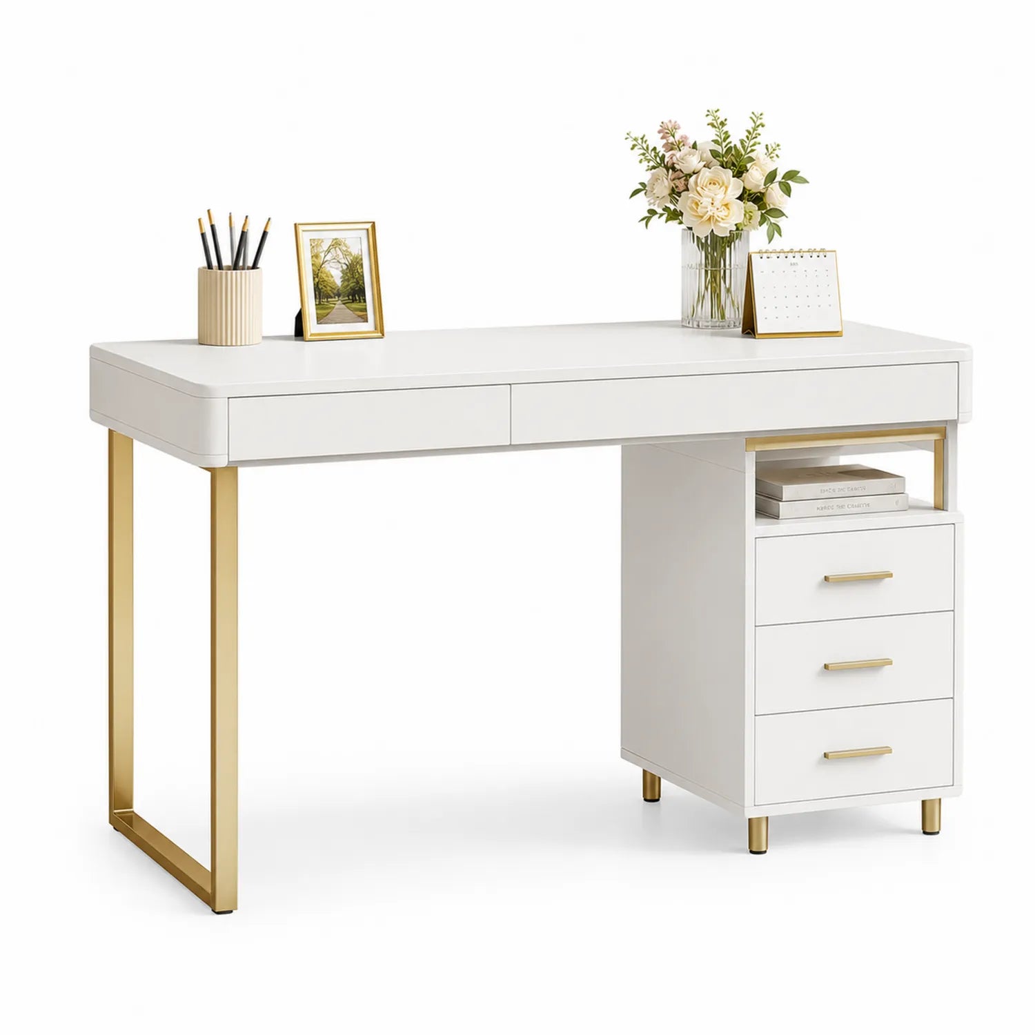 Bureau en Bois MDF et Métal Blanc avec Tiroirs Cadre Doré
