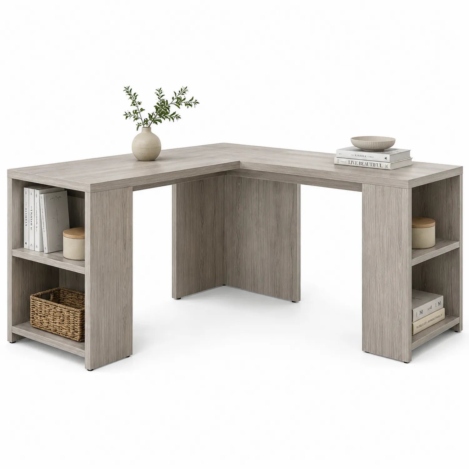 Bureau d'angle en bois avec étagères intégrées