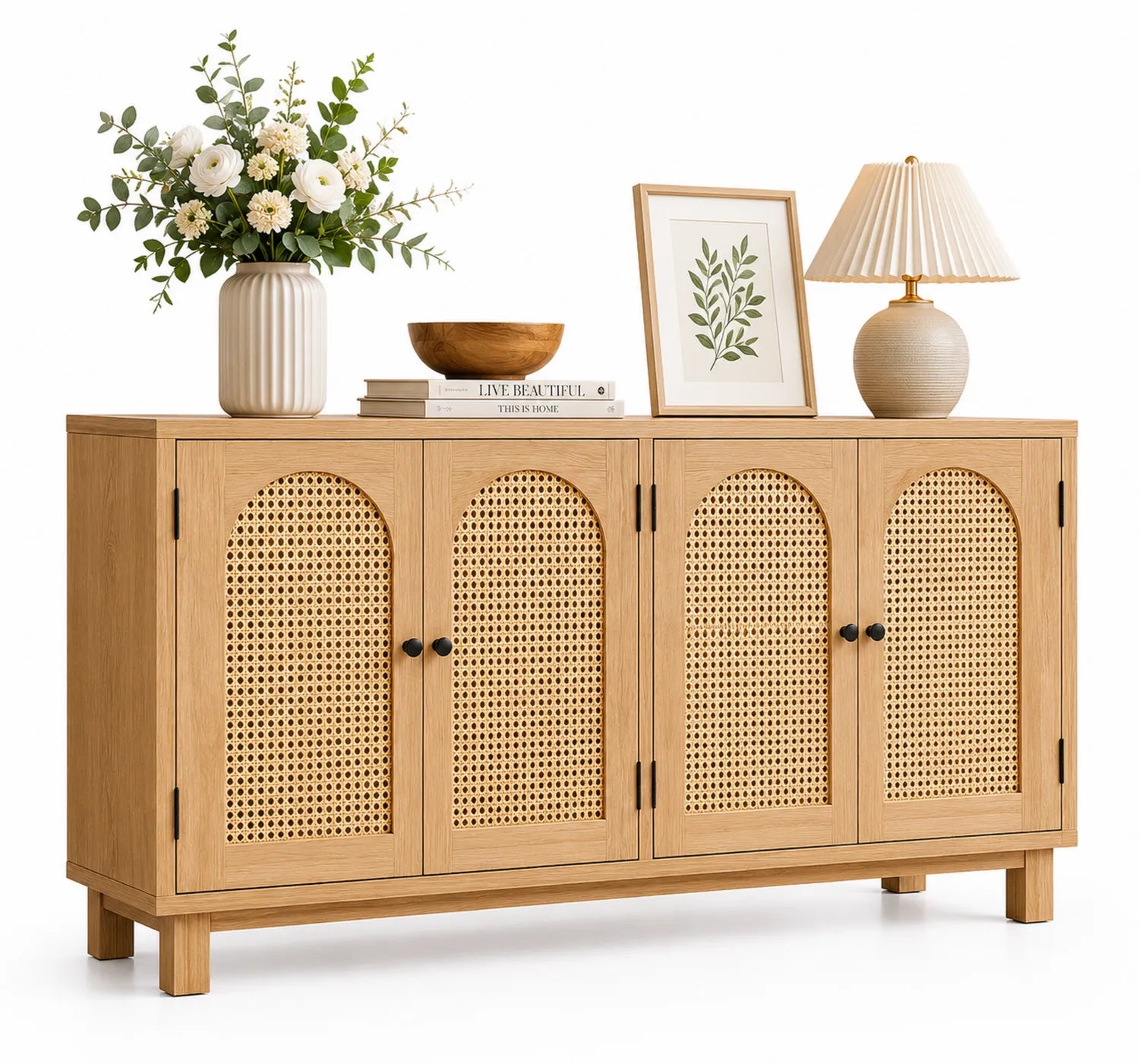Buffet en bois avec portes en canne tressée